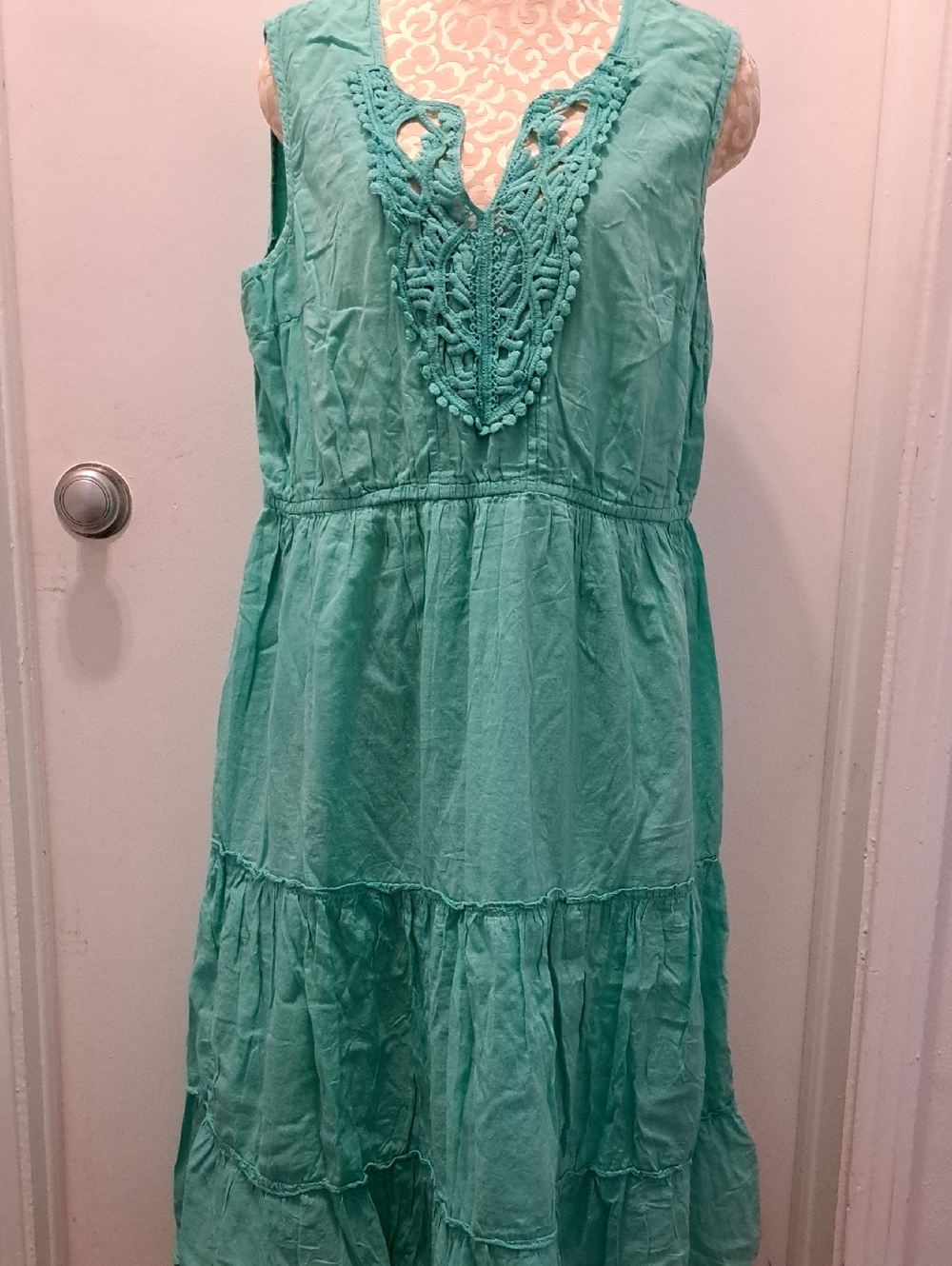 Womens Turquoise Tiered Cotton Dress with Crochet Detail Size L